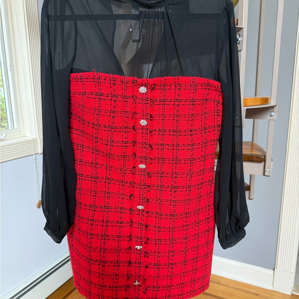 Zara Red and Black Textured Dress with Sheer Overlay